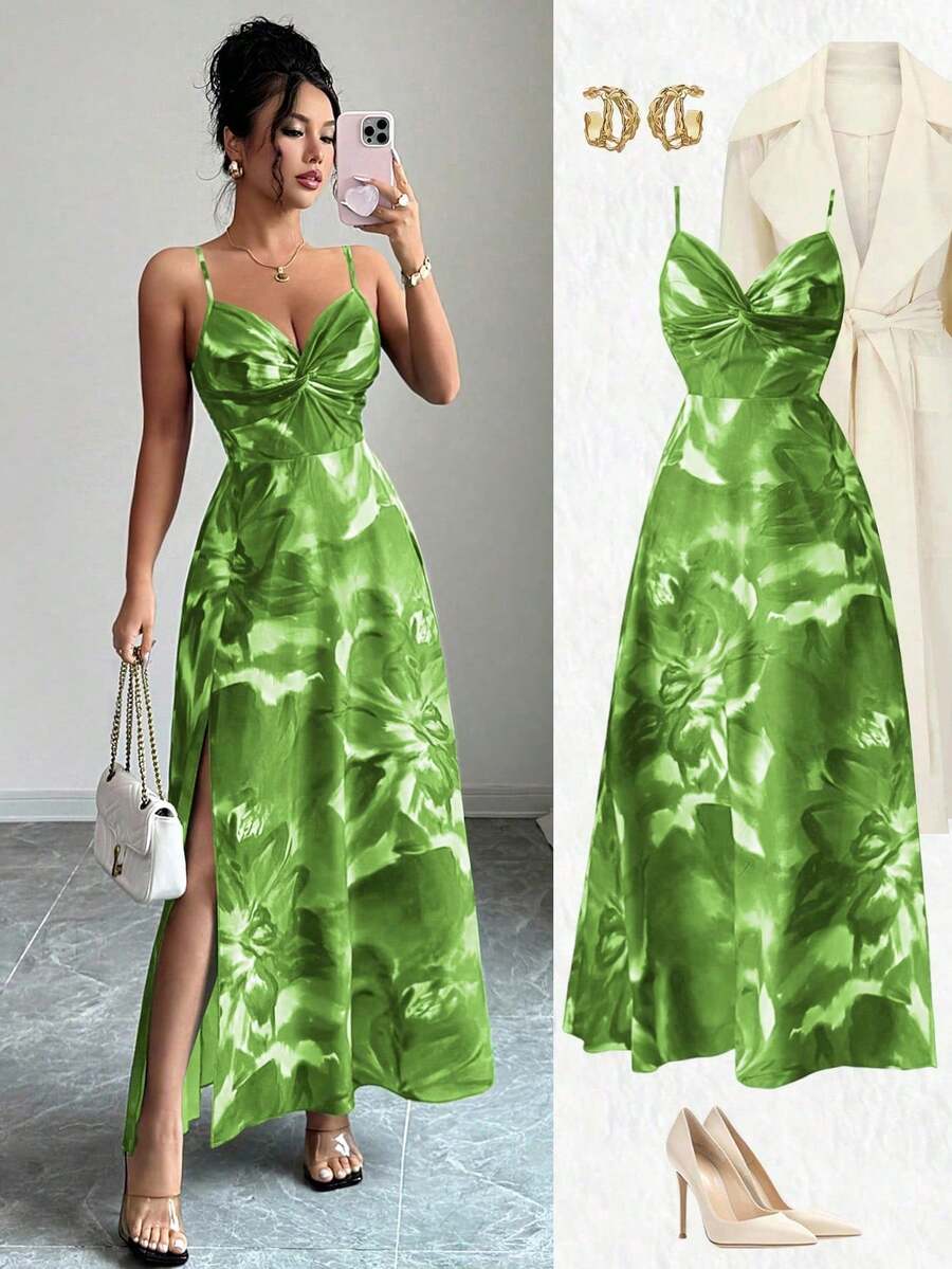 Elenzga 新款编织花卉面料细肩带可调节胸部扭结设计露背开衩下摆收腰优雅度假约会连衣裙，女士 - 薄荷綠 - 查看 1