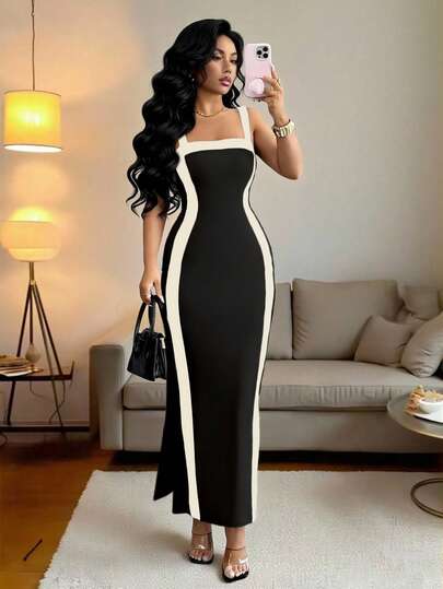 Rafferiza 女士优雅时尚撞色修身开衩吊带连衣裙