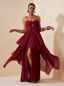 Zivah 2026春夏新品，适合情人节、音乐节、复活节、西部风、游牧风、波西米亚风、纳什维尔风格派对、婚礼、正式活动、约会、聚会、生日、大学、学生、日常穿着、百搭基础款、休闲、度假、邮轮旅行、海滩、日光浴、潮流、优雅、通勤、商务休闲等场合。款式包括无袖、前褶、镂空、多层不规则荷叶边下摆、高开衩、修身A字长裙、酒红色连衣裙、春夏连衣裙、派对连衣裙、性感连衣裙、女士连衣裙。 - 酒紅色 - 查看 5