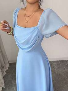 Elenzga Vestido ajustado de manga corta con cuello cuadrado y bajo acampanado, color azul cielo, para primavera/verano - Azul cielo - Ver 5