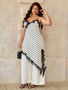 Roveilla Plus Size Women's Lace Patchwork Sheer Satin Camisole Top,Elegant Black And White Polka Dot Asymmetrical Spaghetti Strap Top,Summer Date Night Set - Black and White - View 4