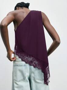 Maija 2026春夏初秋独立日七月女装不对称肩部设计现代都市女士夏季黑色纯色褶皱无袖休闲上衣 - 紫色 - 查看 2