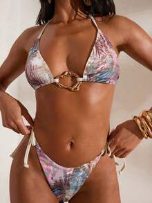 Opulessa Women's Halter Neck Spaghetti Strap Triangle Bikini Set With Unique Decor Ring, Summer Bikini Set Beach Vacation Outfits For Women - Multicolor - View 6