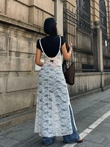 Coolane 女士春夏复古外出约会之夜运动休闲基本款灰色中长连衣裙 - 白色 - 查看 2