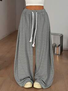 Coolane 女士夏季街头风外出休闲装扮，宽松弹力腰带舒适灰色弯刀裤 - 黑與白 - 查看 3