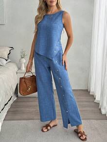 Louniche 两件套亚麻女士不对称下摆无袖上衣和裤子套装 - 藍色 - 查看 6