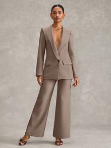 SHEIN Cottnline 女士西装外套和裤子常规版型套装 - 米色 - 查看 4