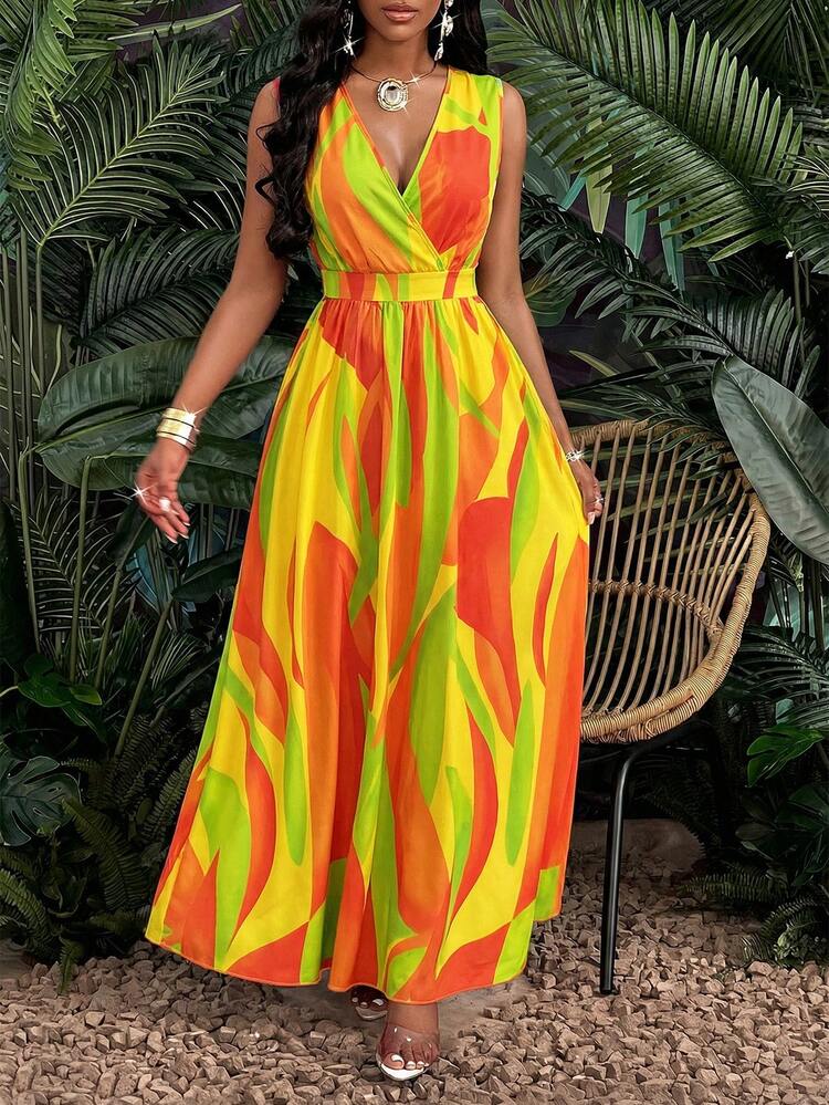 SOLERSUN Tropical Print V-Neck Waist Section Fit And Flare Maxi Dress,Orange And Yellow Summer Boho Vacation Holiday Resort Wear,Beach Caribbean Outfit Women