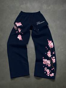 Manfinity EMRG Quần nỉ nam in chữ và hoa, cạp chun, kiểu dáng thường ngày, có dây rút. - Xanh đậm - Xem 3