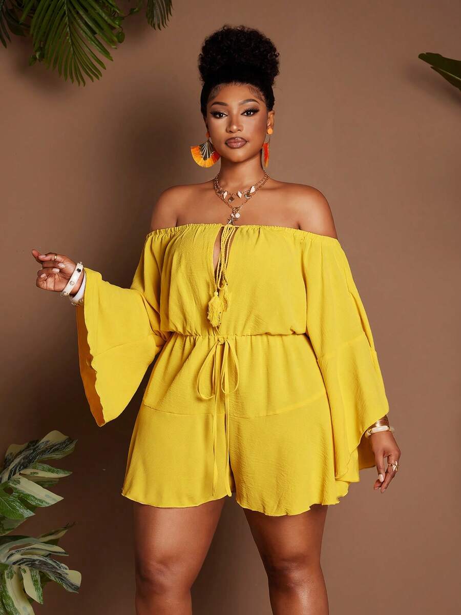 Maweii Jumpsuit Liburan Seksi Wanita Ukuran Plus dengan Bahu Terbuka - Kuning - View 1