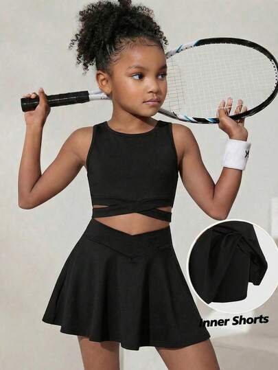 SHEIN Set sportivo di canotta e pantaloncini di colore unito per ragazze pre-adolescenti, adatto per attività all'aperto e uso quotidiano confortevole