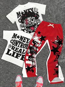 SHEIN 2pcs Tween Boy Classic Cool Graphic Tee And Flare Pants Set, Featuring Stylish Graphic Prints, Suitable For Summer - White - View 2