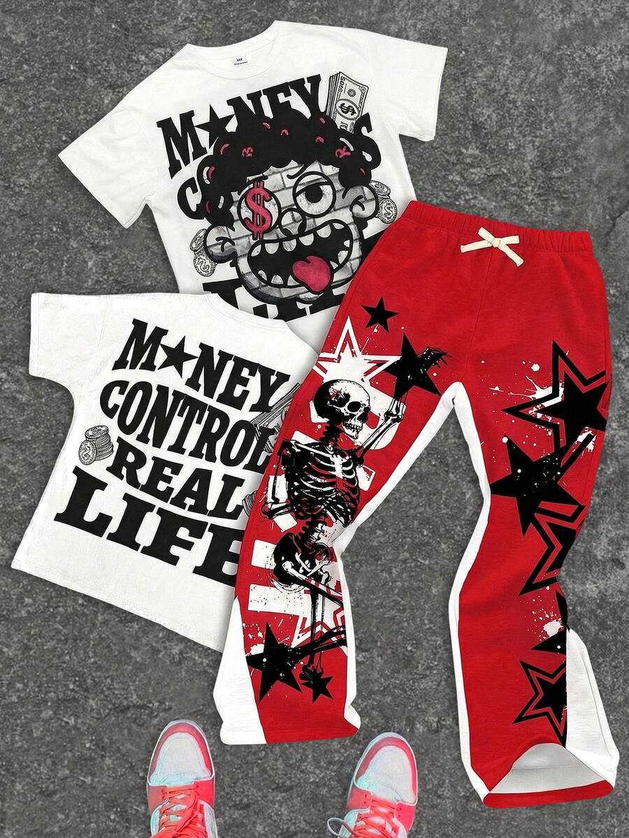 SHEIN 2pcs Tween Boy Classic Cool Graphic Tee And Flare Pants Set, Featuring Stylish Graphic Prints, Suitable For Summer