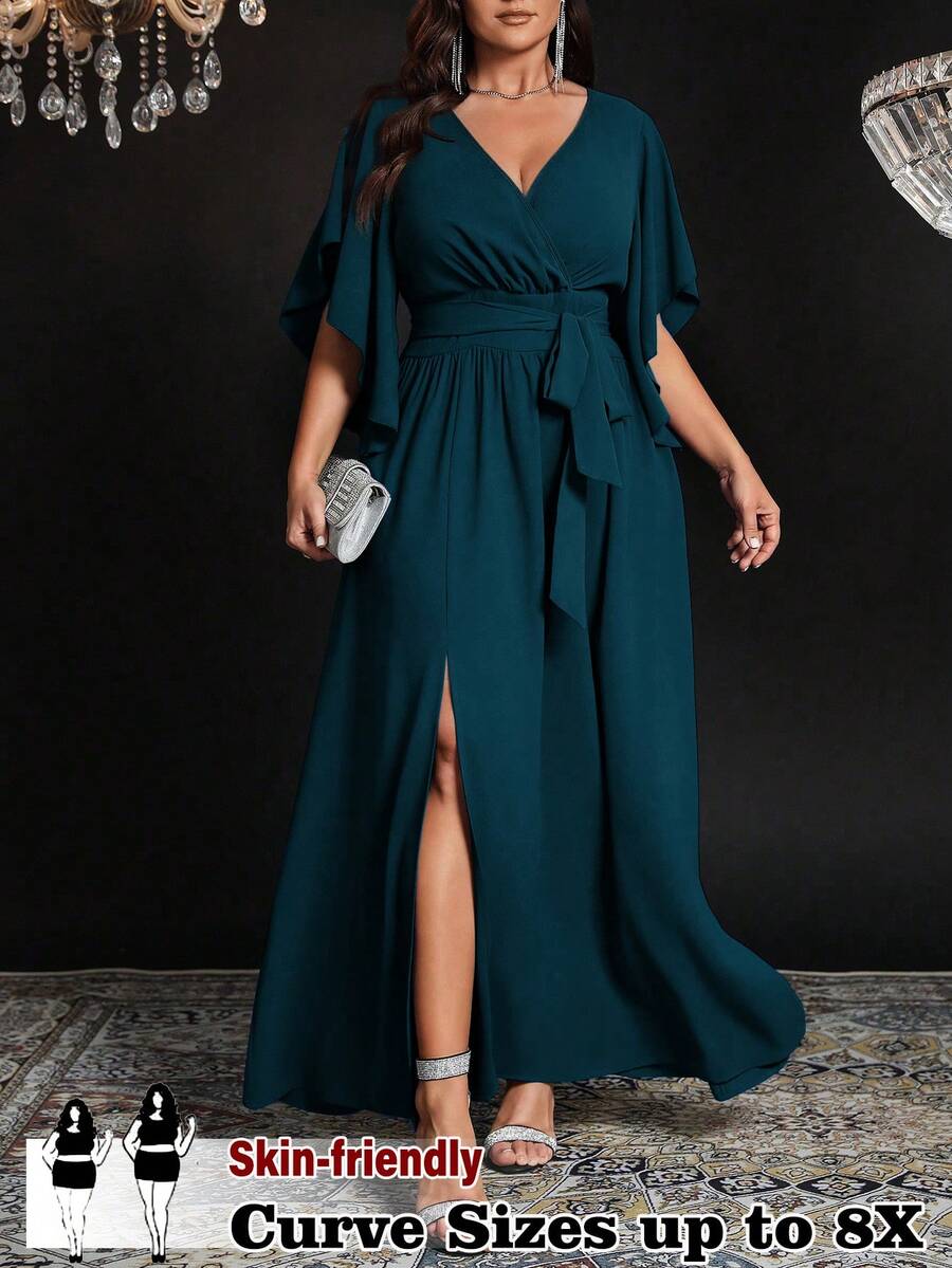 SHEIN CURVE+ 大码女式梭织纯色修身V领喇叭袖系带腰部褶皱开衩优雅派对连衣裙 - 水鴨藍 - 查看 1