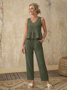 Faunlyn Bộ áo ba lỗ viền bèo nhún màu trơn và quần dài dành cho kỳ nghỉ & giải trí dành cho nữ - xanh quân đội - Xem 3