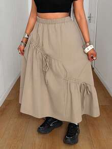 Maweii 褶裥抽绳A字宽松休闲通勤度假时尚小众设计新款必备日常穿搭通勤装卡其色大码女式长裙，春夏Y2K 2000年代风格女式夏季穿搭宽松女式夏季穿搭 - 卡其色 - 查看 5