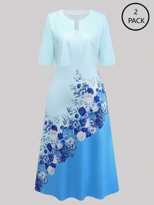 Franclia Conjunto de 2 peças: Vestido regata com decote em V e cardigã aberto de manga curta. Ideal para ocasiões especiais, como primavera. Vestido elegante para mulheres, perfeito para convidadas de casamento. Lindo vestido para ocasiões especiais. Vestido floral azul. Vestido floral azul feminino. Vestido floral feminino. - Azul - Ver 1