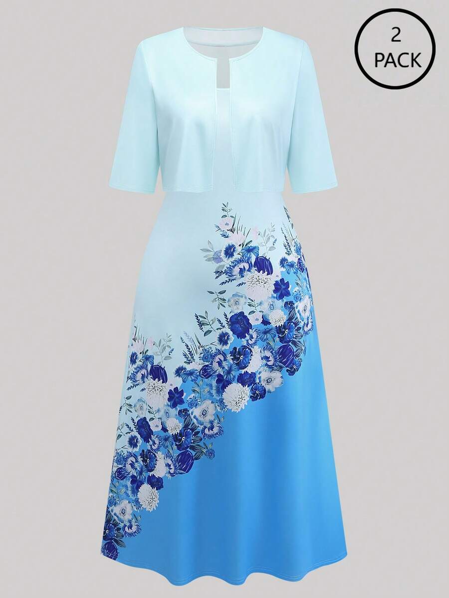 Franclia Conjunto de 2 peças: Vestido regata com decote em V e cardigã aberto de manga curta. Ideal para ocasiões especiais, como primavera. Vestido elegante para mulheres, perfeito para convidadas de casamento. Lindo vestido para ocasiões especiais. Vestido floral azul. Vestido floral azul feminino. Vestido floral feminino. - Azul - Ver 1