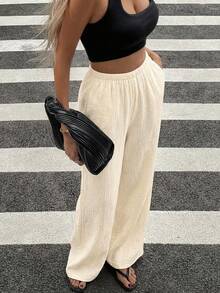 Siren Gaze 女士休闲直筒棉质长裤，春夏百搭 - 杏色 - 查看 6