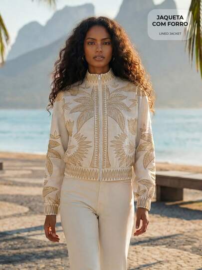 CAJUNI Toucan & Coconut Tree Embroidery Pattern Elastic Cuff Zipper Jacket