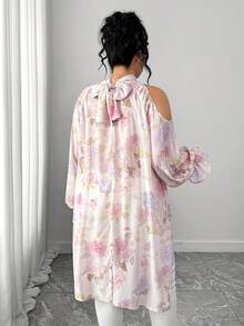 Elenzga 大码女士优雅雪纺长袖刺绣数码印花半透明宽松灯笼袖上衣花卉印花上衣 Fairycore 女士上衣和衬衫 女士服装 - 粉色 - 查看 2