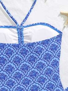 SHEIN 2pcs Girls' Tropical Floral Elastic Quick-Dry Comfortable Knit Fabric Tween Girl) One-Piece Swimsuit, Suitable For Beach, Pool, Seaside, Surfing, Vacation, Summer Travel Summer Outfits For Women Swimsuit Blue Print Swimsuit Bathing Suits For Women 1pc Swimsuit Full Coverage Swimsuit Blue Bathing Suit - Blue - View 3