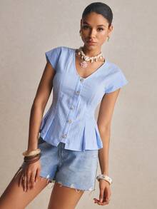 Poéselle 女士V领前开襟纽扣修身休闲短袖衬衫，夏季 - 藍色 - 查看 5