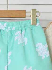 SHEIN Toddler Boys' Green Sea Turtle Pattern Cute Beach Swim Trunks - Multicolor - View 4