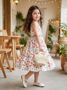 Vintaside Kids Vestido Floral Miúdo para Meninas, Estilo Campestre, Elegante, Fofo, Adequado para Primavera/Verão - Vermelho - Visão 5