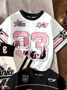 Attitoon 3件套休闲简约圆领短袖字母数字印花宽松T恤，适合夏季、世界杯、户外活动、街头风、时尚、Y2K风格、海滩度假等场合。 - 彩色 - 查看 9