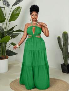 Maweii Plus Size Solid Color Vacation Strapless Dress - Green - View 3