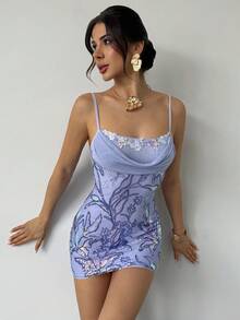 Rafferiza 女士休闲假日派对蕾丝亮片吊带迷你连衣裙 - 紫色 - 查看 1