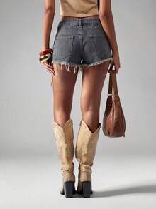 SHEIN ICON Quần short denim nữ màu trơn, kiểu dáng tối giản, thường ngày. - Màu xanh lam - Xem 2