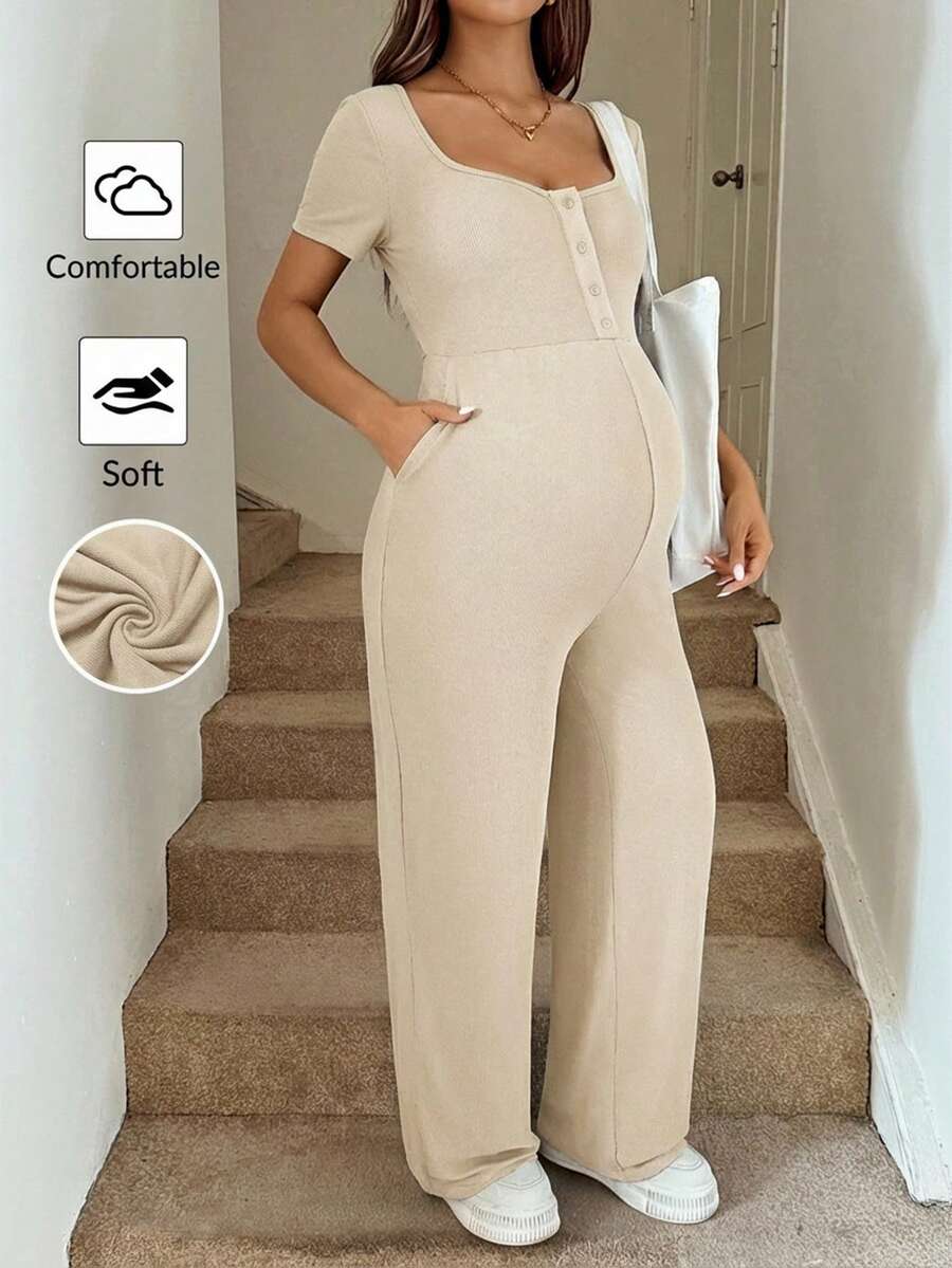 SHEIN Pregnant Women's Plain Color Patchwork Front Button Tie Waist Casual Jumpsuit - Apricot - View 1