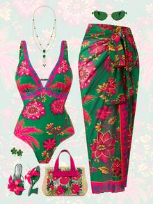 Swim Oasis Women's Summer Vacation Casual Beach Wear Tropical Floral Print One-Piece Swimsuit Bikini With Adjustable Shoulder Strap & Skirt, High-End Fashion Swimsuit Set - Multicolor - View 6