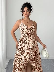 Elenzga Plus Size Women's Elegant Shirred Sleeveless Printed Asymmetric Hem Dress, Spring/Summer - Coffee Brown - View 5