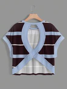 SHEIN Essnce 休闲简约复古优雅通勤百搭暖棕色和蓝色条纹马匹标志印花图案，适合海滩、度假、女士夏季穿搭，女士圆领露背不规则下摆宽松无袖T恤 - 彩色 - 查看 5