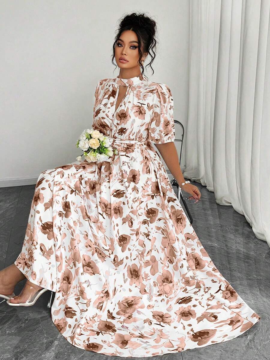 Elenzga 大码休闲夏季碎花沙滩度假浪漫优雅连衣裙 女士夏季连衣裙 女士优雅套装 - 橘色 - 查看 1