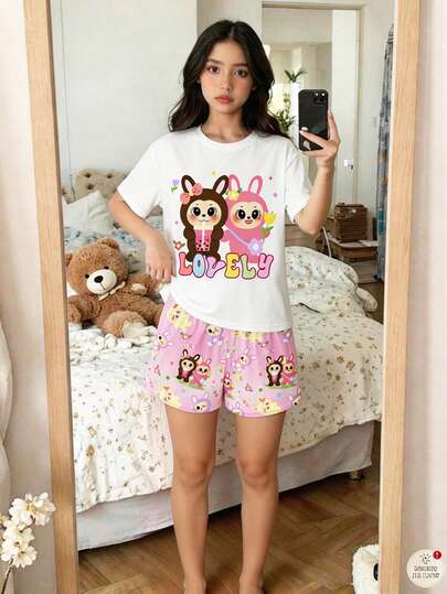 SHEIN 青少年女孩休闲可爱卡通印花圆领短袖短裤睡衣，适合夏季