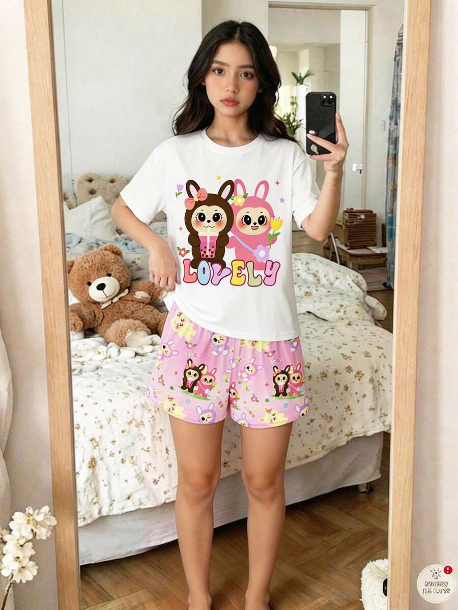 SHEIN 青少年女孩休闲可爱卡通印花圆领短袖短裤睡衣,适合夏季 - 彩色 - 查看 1