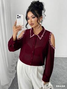 Elenzga Plus Size Faux Pearl Hollow Front Button Long Sleeve Shirt - Burgundy - View 4