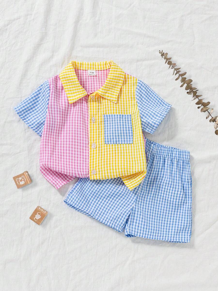 SHEIN Vintaside Kids Bộ áo sơ mi và quần short họa tiết thời trang đường phố cho bé trai. - Nhiều màu - Xem 1