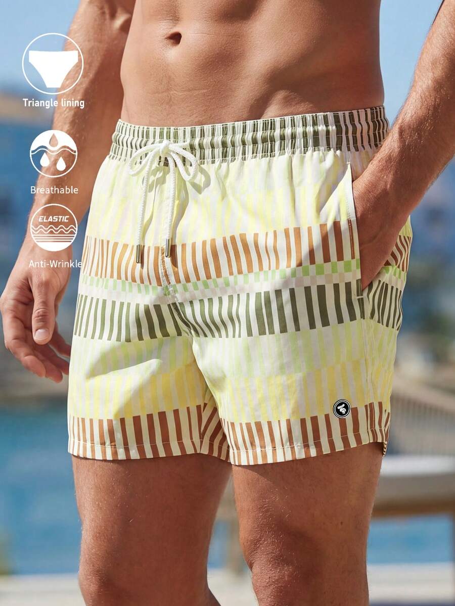 Horizaway Pantalones cortos casuales para playa de hombre con bolsillos en diagonal, cintura con cordón y estampado de rayas. Traje de baño para hombre. - verde menta - Ver 1