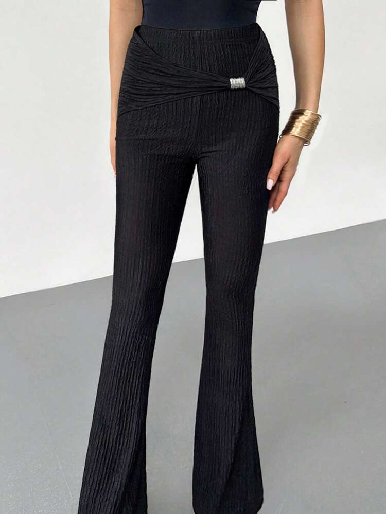 RiviMae Women's Spring And Summer Waistband Elastic Tight Wide-Leg Flared Pants, Metal-Decorated Long Pants, Black Tight Pants,Fashionable And Elegant, It Is Suitable For Daily Wear, Weddings, Banquets, Daily Commutes, Graduation Parties, Festival Events, VacationFashionable And Elegant, It Is Suitable For Daily Wear, Weddings, Banquets, Daily Commutes - Black - View 5