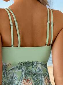 Swim Lushoire Spring/Summer Beach Vacation Mature Patchwork Floral Print Tankini Set - Mint Green - View 5