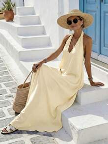 Breezaya 2026 Summer Women's Elegant Backless Deep V-Neck Tie Strap Beach Vacation Dress - Apricot - View 4