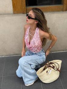 Serisse 女士夏季流苏亮片露背吊带背心，Y2K法式水钻亮片粉色露背流苏背心，性感深V领，适合派对/夜店/度假穿着，夏季女装，夏季上衣，派对上衣，优雅女士衬衫，女士度假装，女士沙滩装，亮片上衣，荷叶边上衣，粉色亮片露背吊带背心 - 粉色 - 查看 8