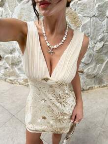 Serisse Đầm không tay thanh lịch cổ chữ V sâu hở lưng đính sequin dành cho nữ - Màu be - Xem 7