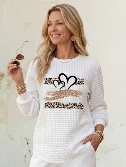 EMERY ROSE Autumn/Winter Glitter Heart Plaid Round Neck Casual White Comfortable Sweatshirt With Curved Hemline And Side Slits Graphic Sweatshirts,Casual