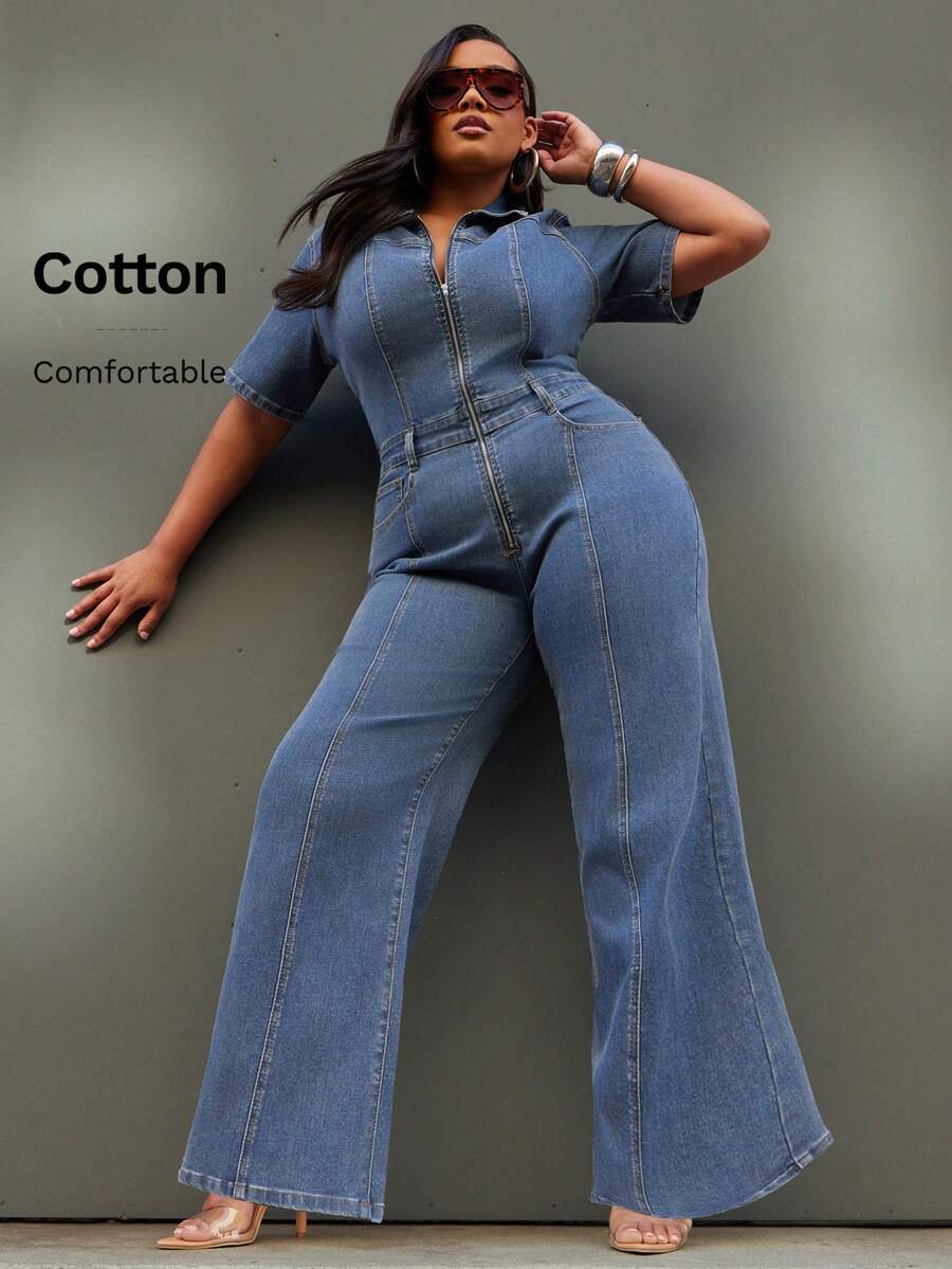 NYA SZN Denim Plus Short Sleeve Jumpsuit,Cotton Dusky Blue Summer Casual Everyday Fitted Contrast Stitch Teacher Concert Festival Business Elegant Luxury - Medium Wash - View 1
